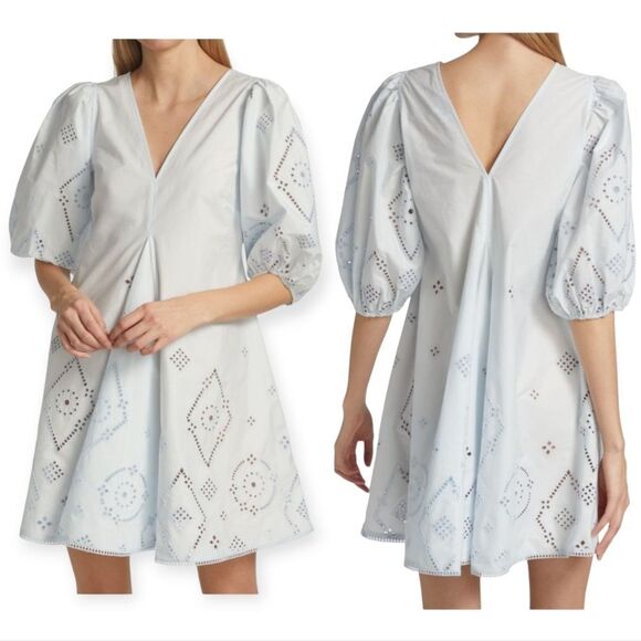 Ganni Broderie Anglaise Puff Sleeve Organic Cotton Mini Dress Illusion Blue S 42 - Picture 3 of 17